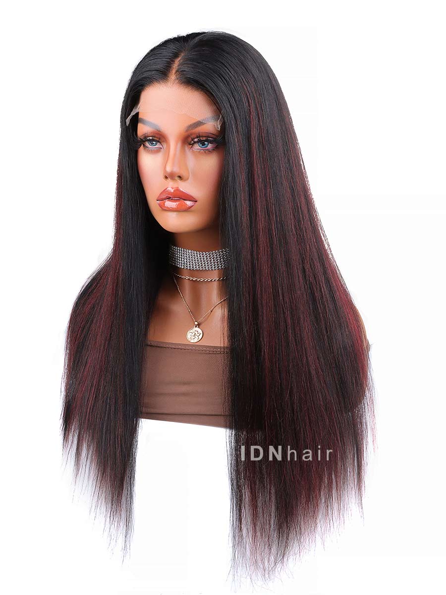 Candice Highlight Red 99j Yaki Straight Glueless Human Hair Lace Front Wig