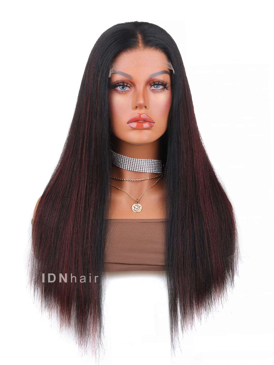 Candice Highlight Red 99j Yaki Straight Glueless Human Hair Lace Front Wig