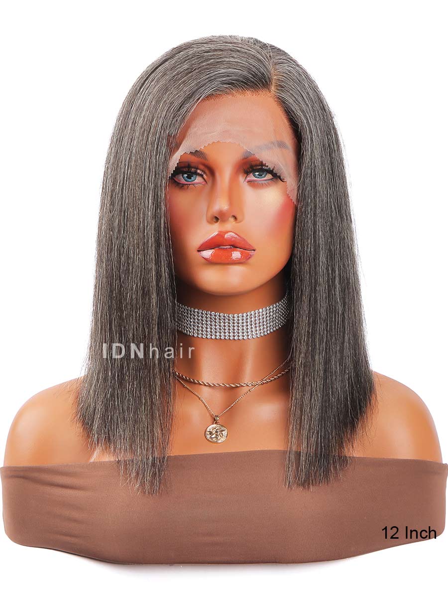 Janet Salt And Pepper Glueless Yaki Straight Bob Wig Gray Human Hair Beginner Friendly