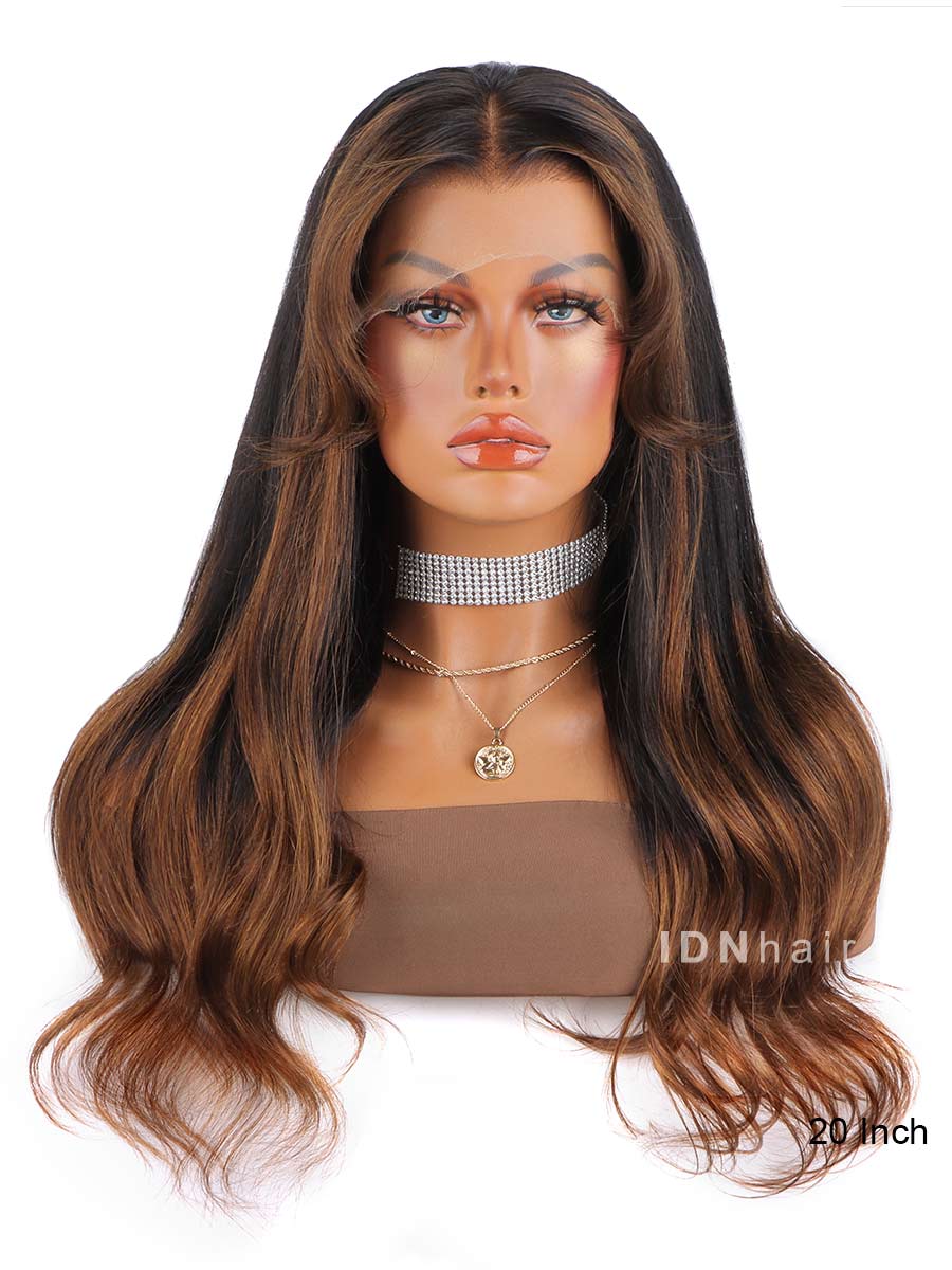 Olivia Highlights Wavy Curtain Bangs Front HD Lace Wig Scalp Knots Wigs
