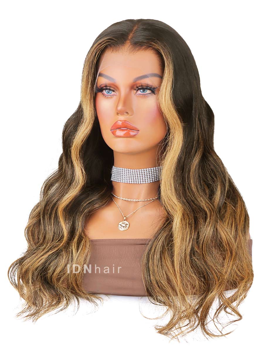 Lexi Ombre Highlight Dark Brown Wavy HD Front Lace Wig 100% Human Rich Girl Hair
