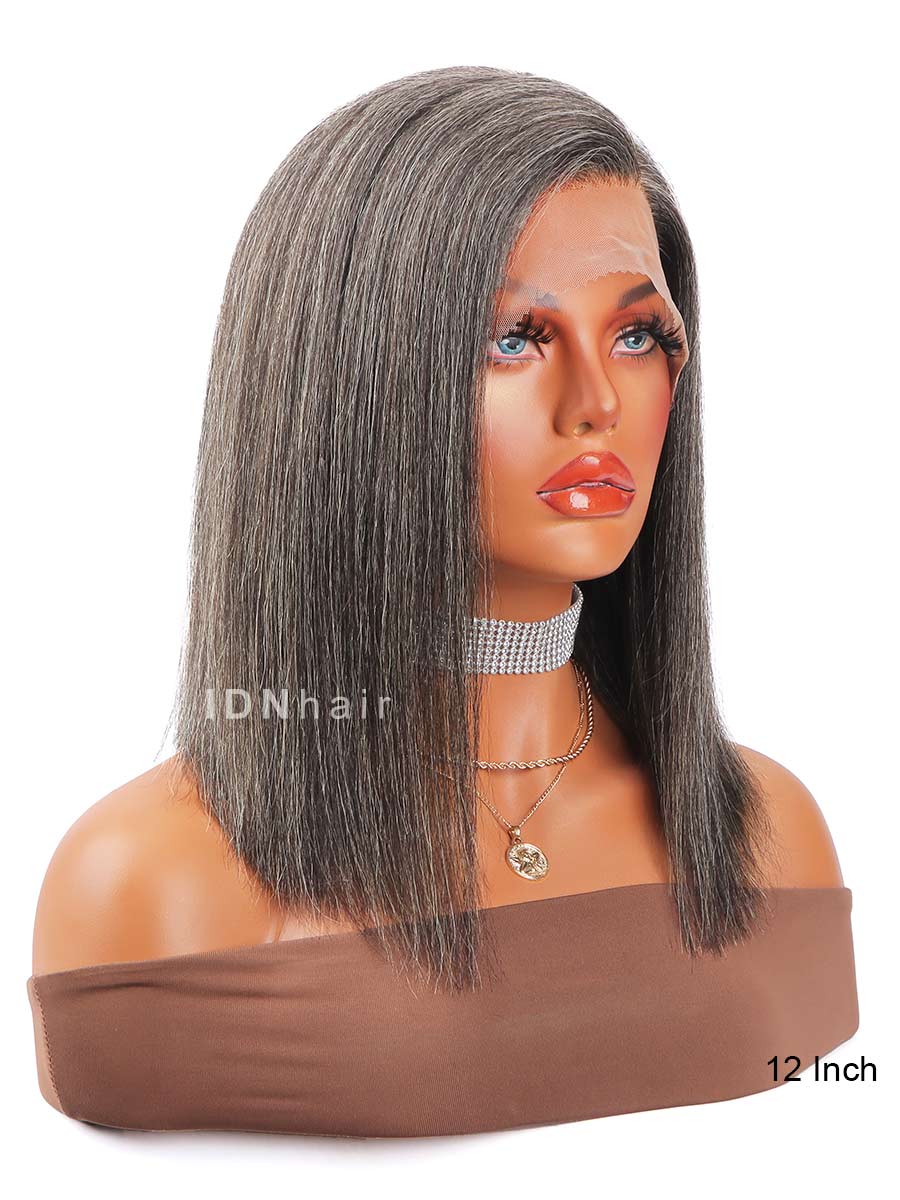 Janet Salt And Pepper Glueless Yaki Straight Bob Wig Gray Human Hair Beginner Friendly