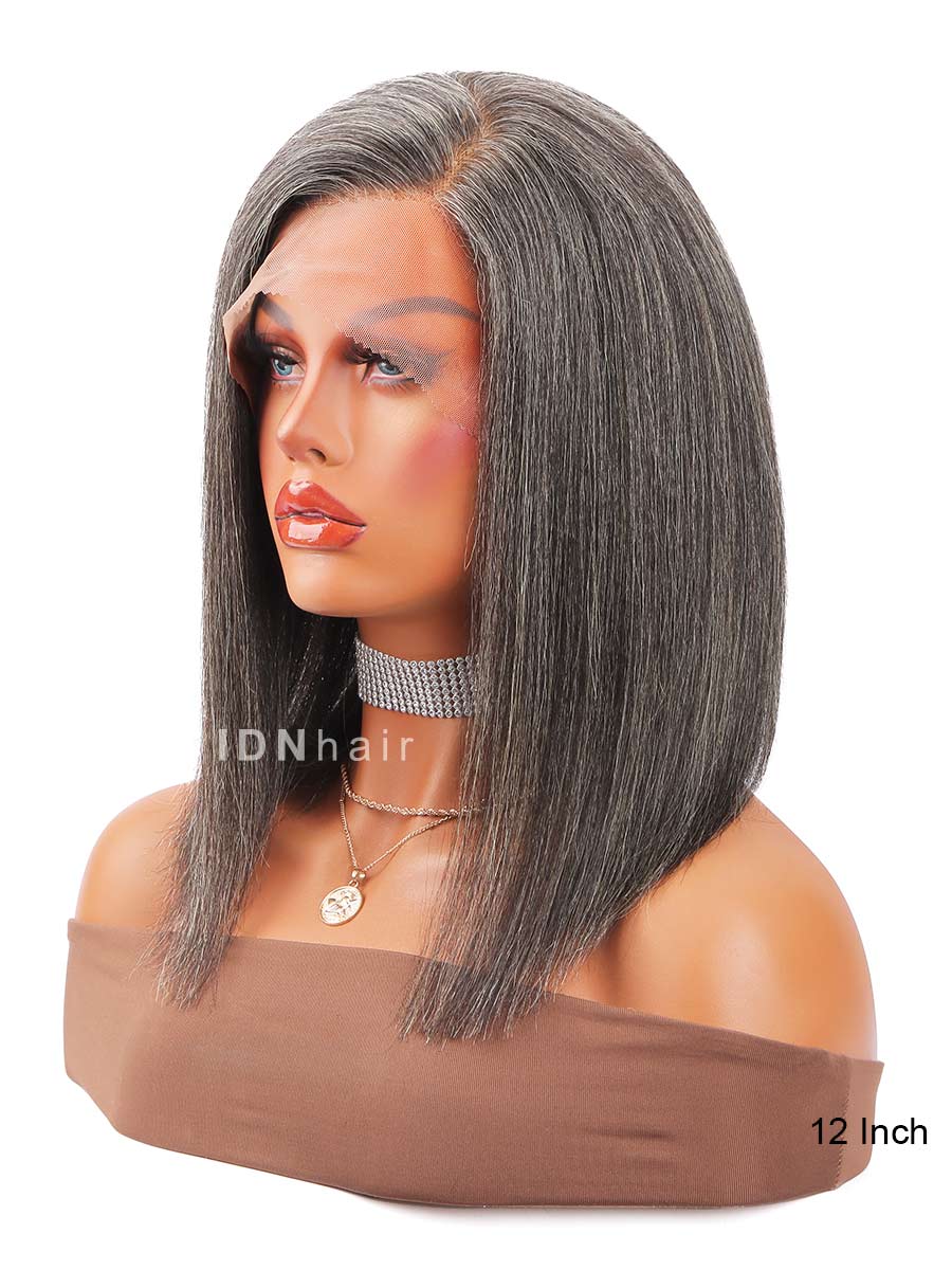 Janet Salt And Pepper Glueless Yaki Straight Bob Wig Gray Human Hair Beginner Friendly