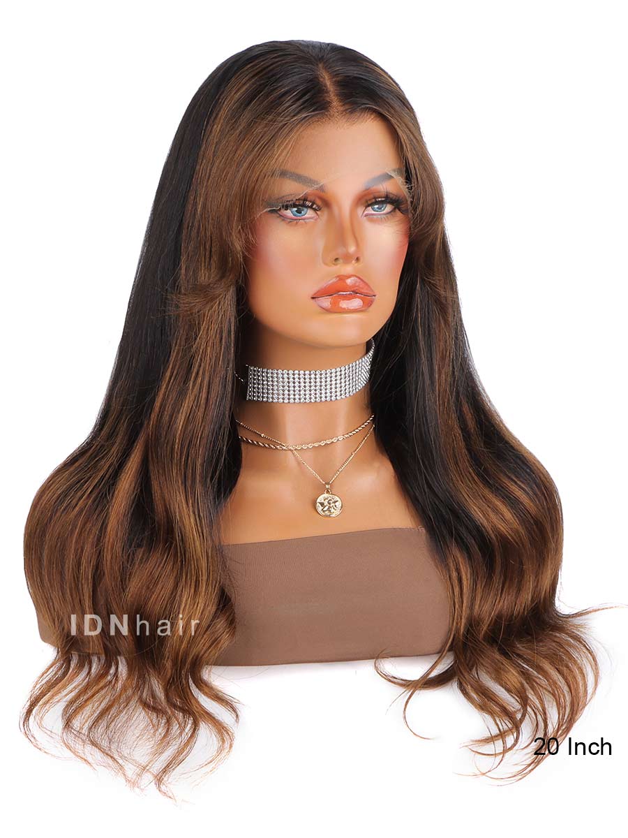 Olivia Highlights Wavy Curtain Bangs Front HD Lace Wig Scalp Knots Wigs