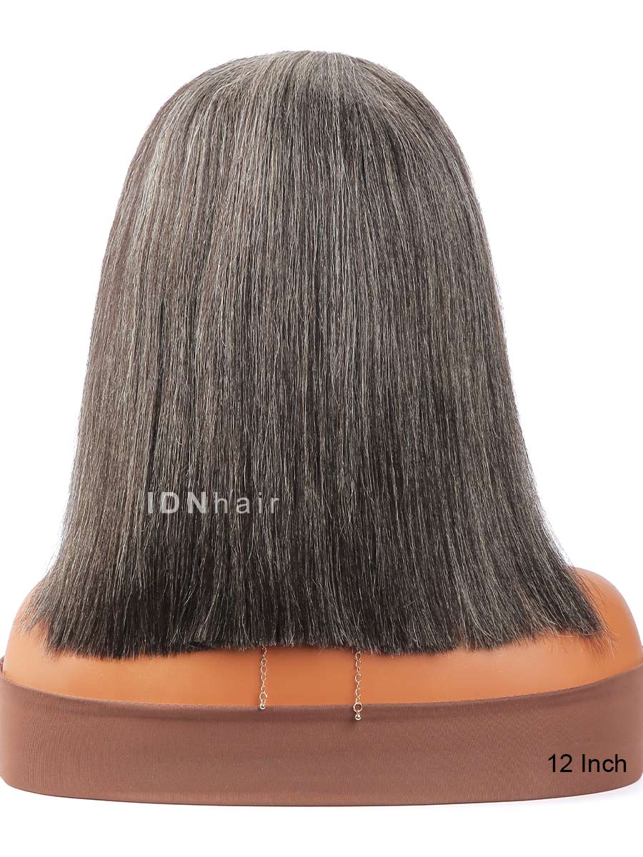 Janet Salt And Pepper Glueless Yaki Straight Bob Wig Gray Human Hair Beginner Friendly