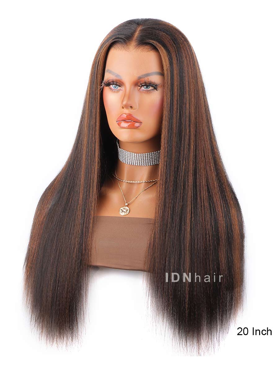 Pray Highlight Brown Yaki Straight Glueless Human Hair Lace Front Wig
