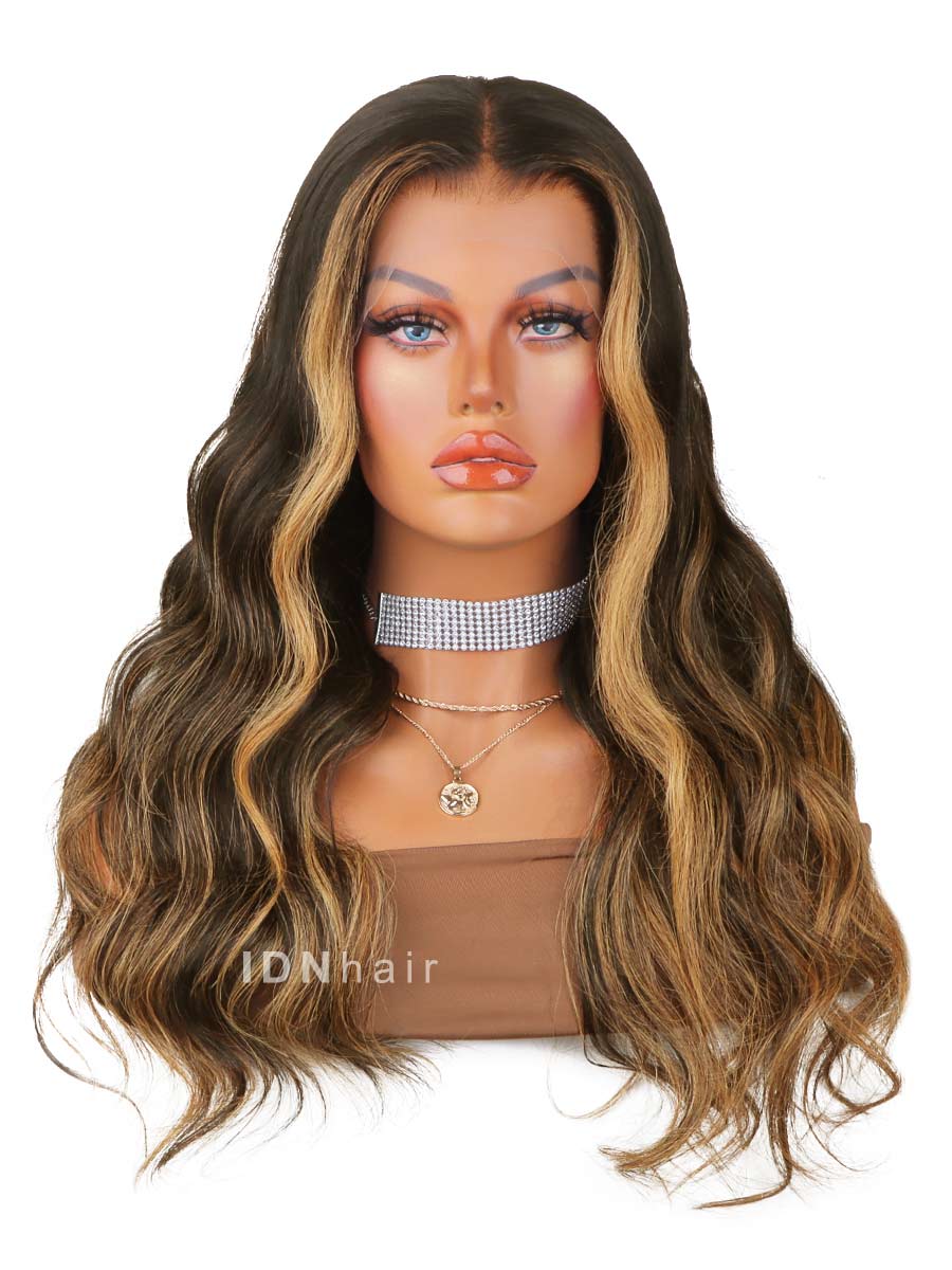 Lexi Ombre Highlight Dark Brown Wavy HD Front Lace Wig 100% Human Rich Girl Hair