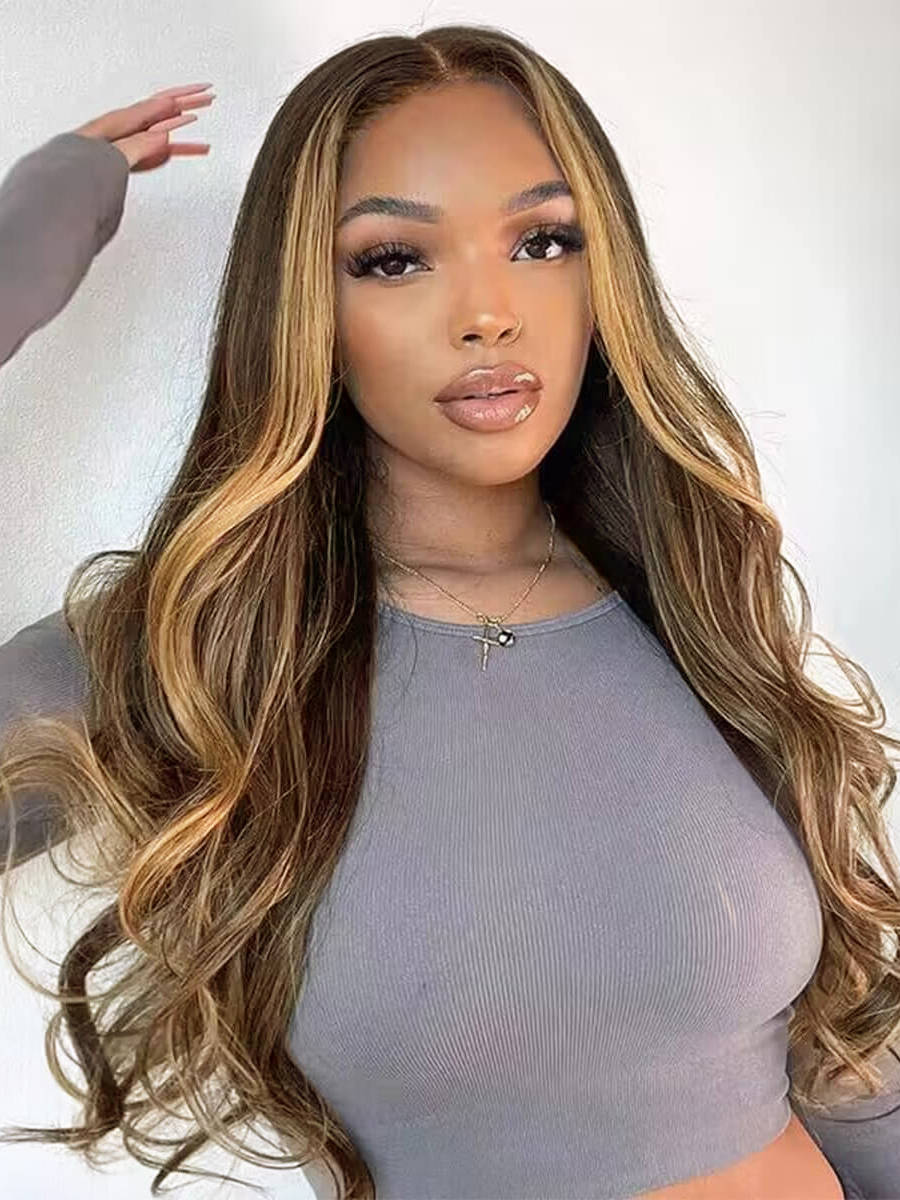 Lexi Ombre Highlight Dark Brown Wavy HD Front Lace Wig 100% Human Rich Girl Hair