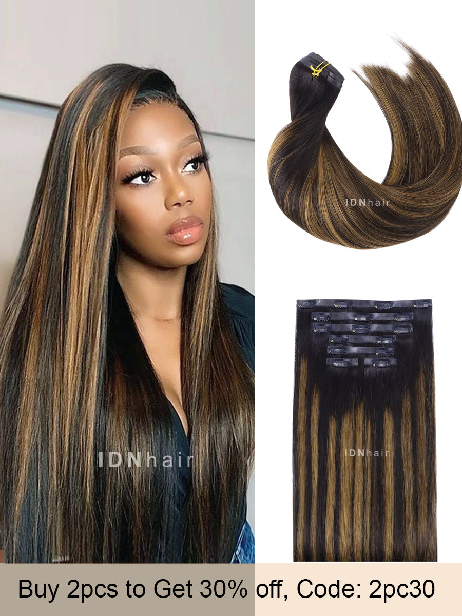 Joan Highlight Brown Seamless Tape-in Clip Ins Ombre Balayage Human Hair Extensions for Black Women