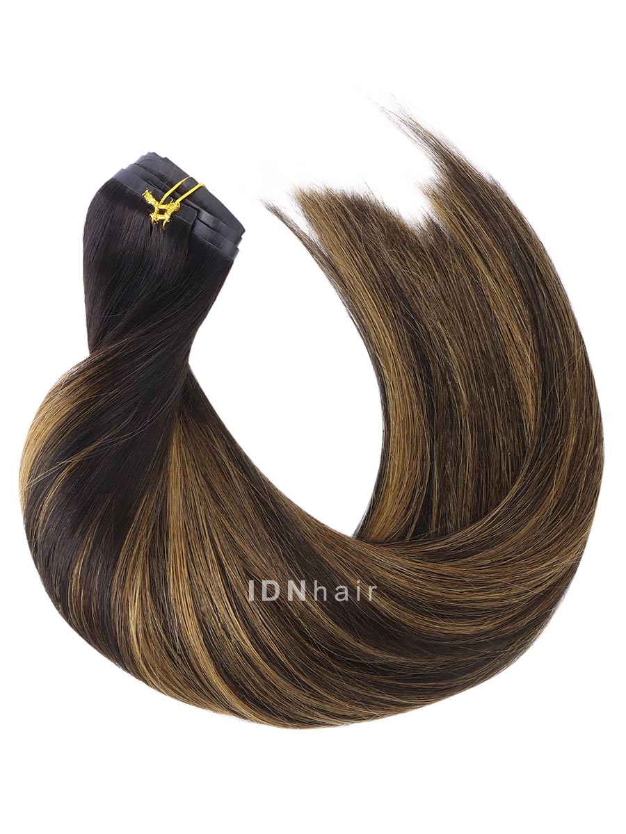 Joan Highlight Brown Seamless Tape-in Clip Ins Ombre Balayage Human Hair Extensions for Black Women