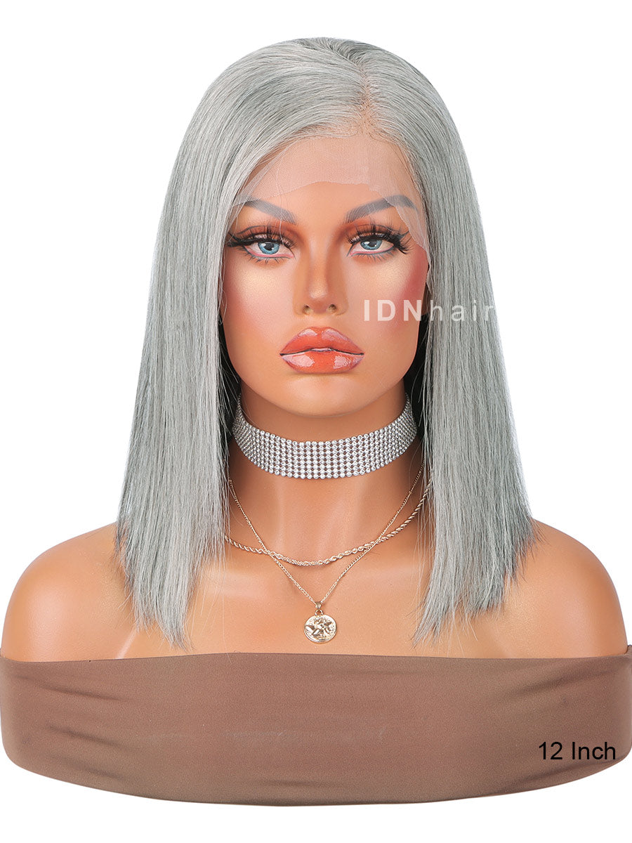 Ella Salt And Pepper Lady Short Bob Wig Gray Silver Frontal Lace Wig