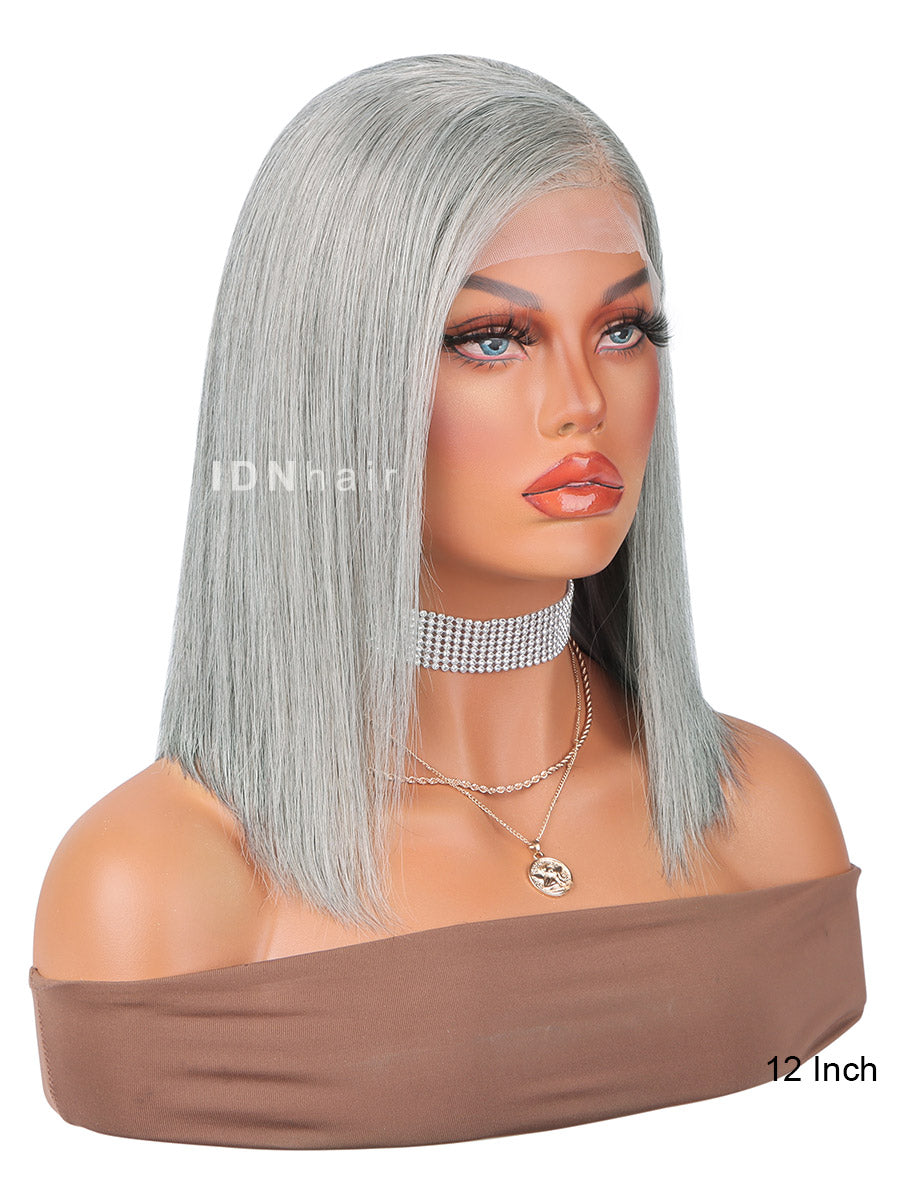 Ella Salt And Pepper Lady Short Bob Wig Gray Silver Frontal Lace Wig