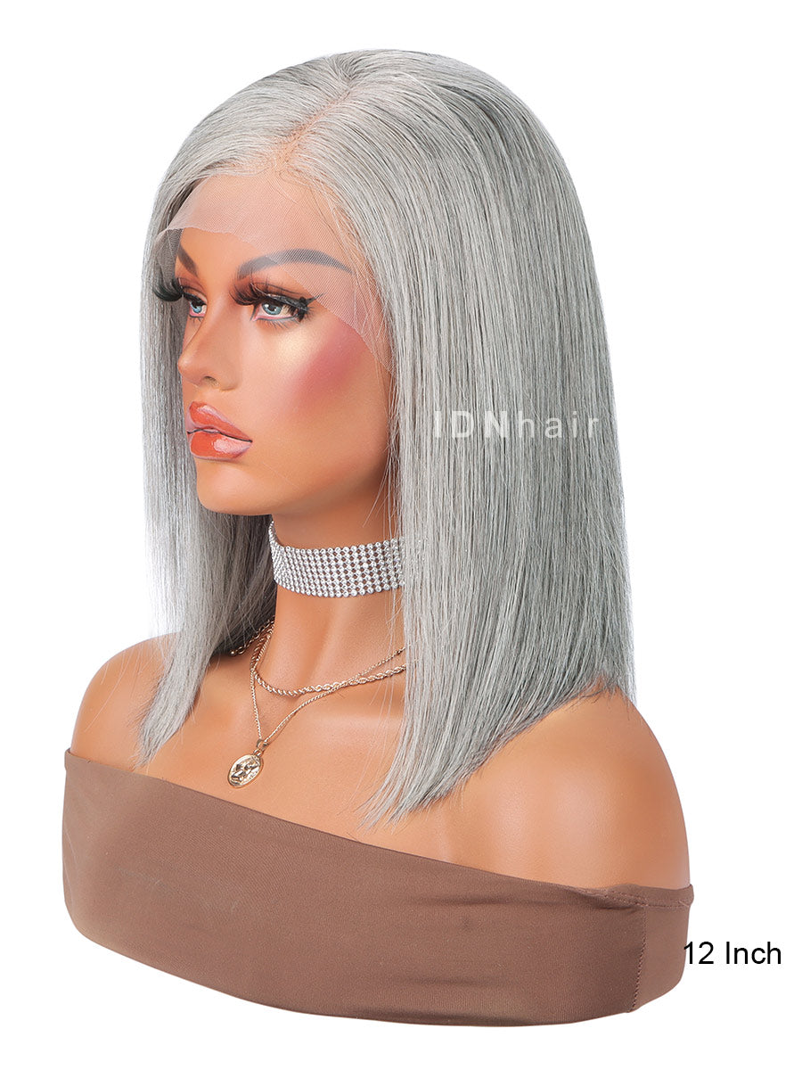 Ella Salt And Pepper Lady Short Bob Wig Gray Silver Frontal Lace Wig