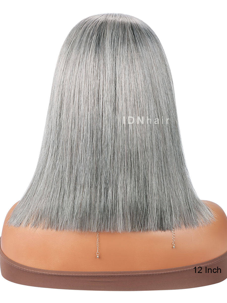 Ella Salt And Pepper Lady Short Bob Wig Gray Silver Frontal Lace Wig