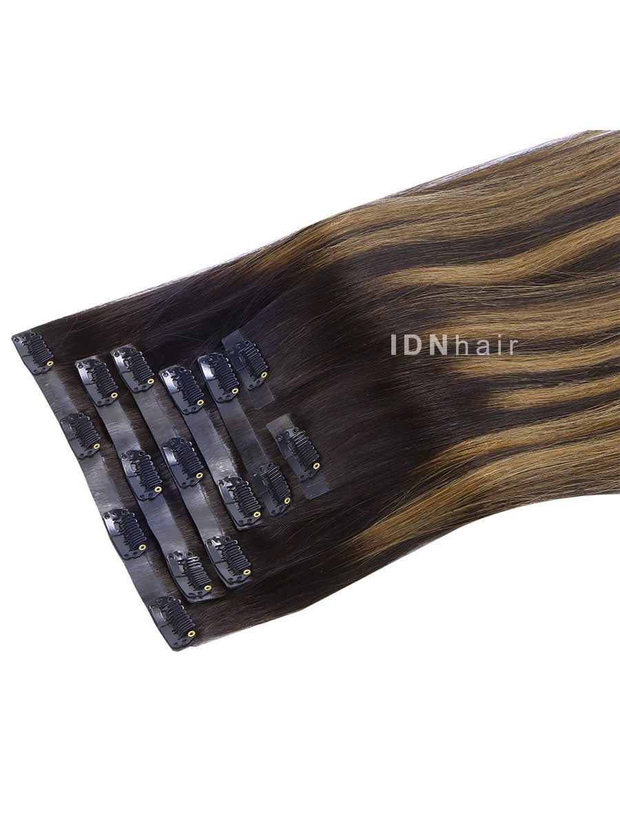 Joan Highlight Brown Seamless Tape-in Clip Ins Ombre Balayage Human Hair Extensions for Black Women