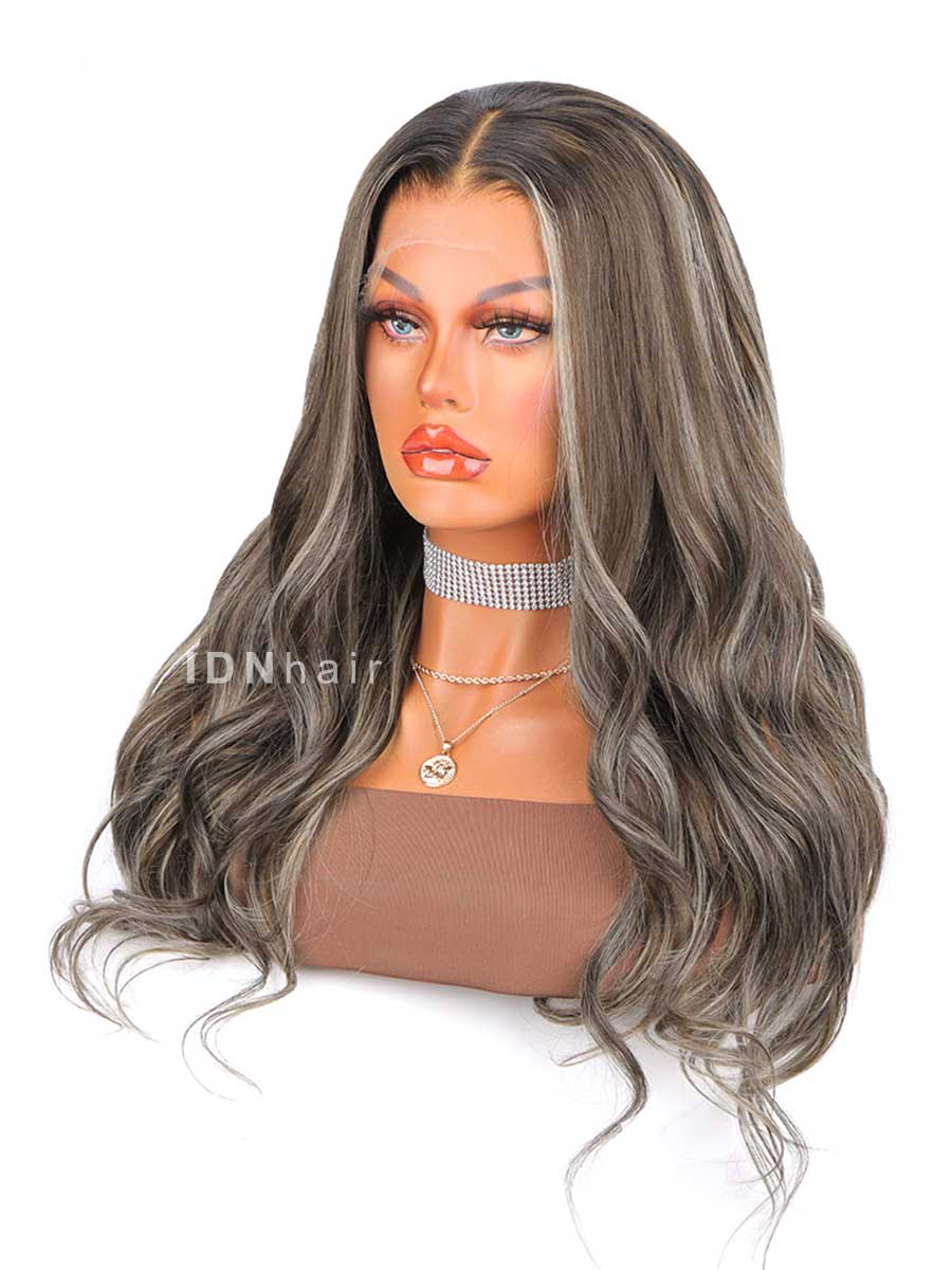Jada HD Lace Wavy Brown Human Hair Wig With Grey Highlights
