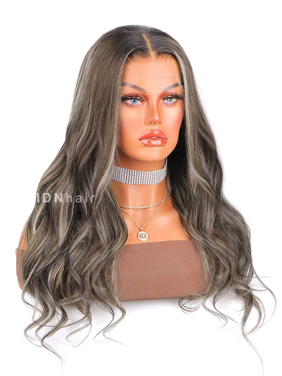 Jada HD Lace Wavy Brown Human Hair Wig With Grey Highlights