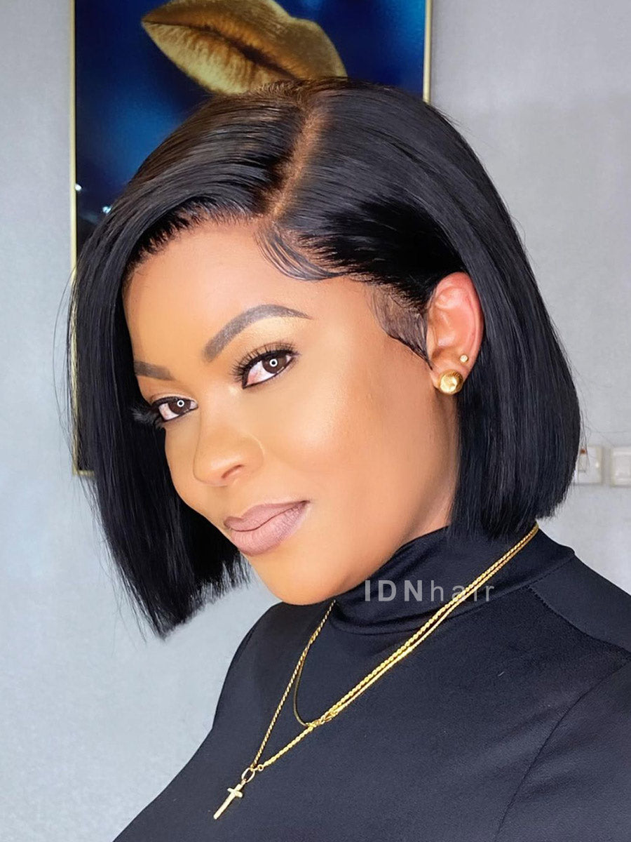 Livia Deep Side Silky Straight Short Bob Scalp Knots Frontal Wig HD Lace