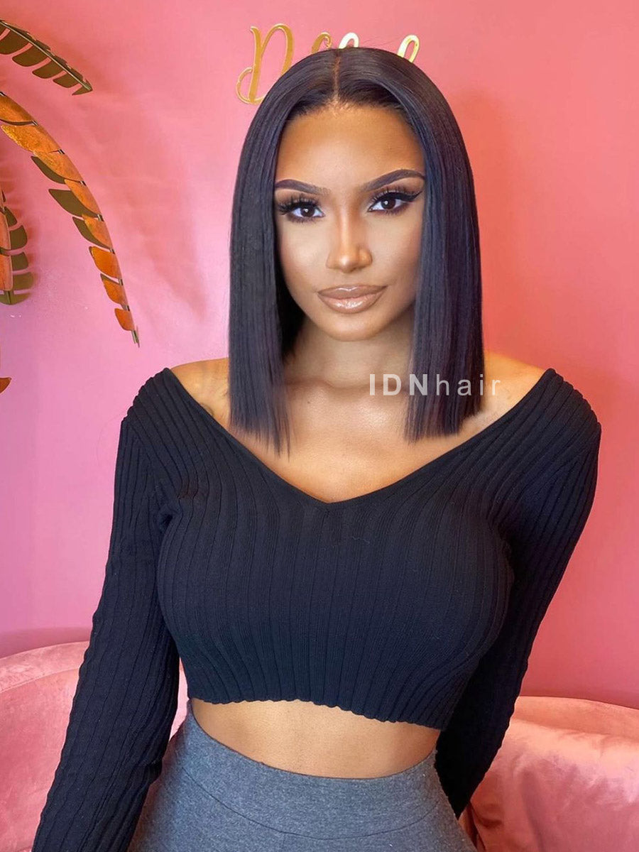 Mature Straight Bob Scalp Knots Frontal Wig Glueless HD Lace Human Hair