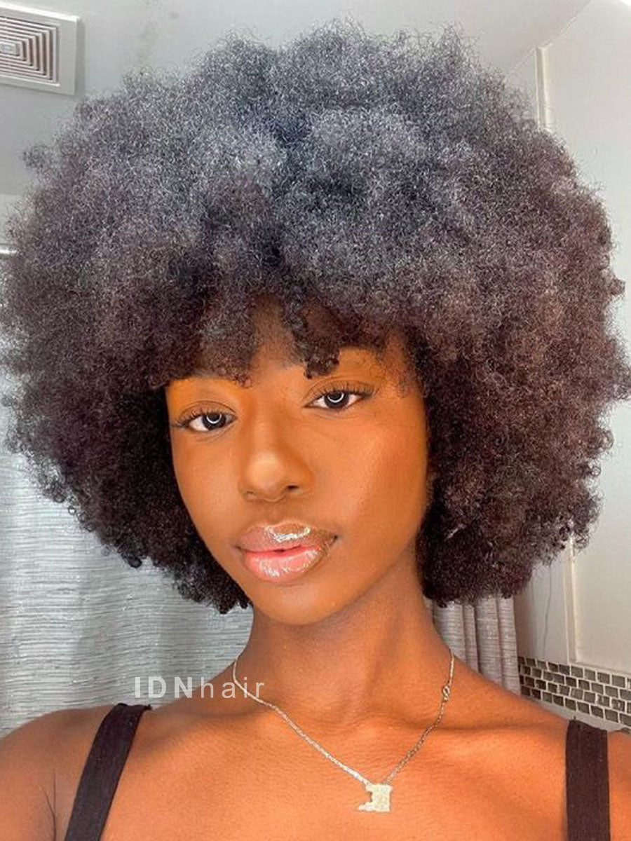 Queenie Afro Puff Curl Bob Realistic Natural Hair Style Glueless HD Lace Wig Virgin Hair