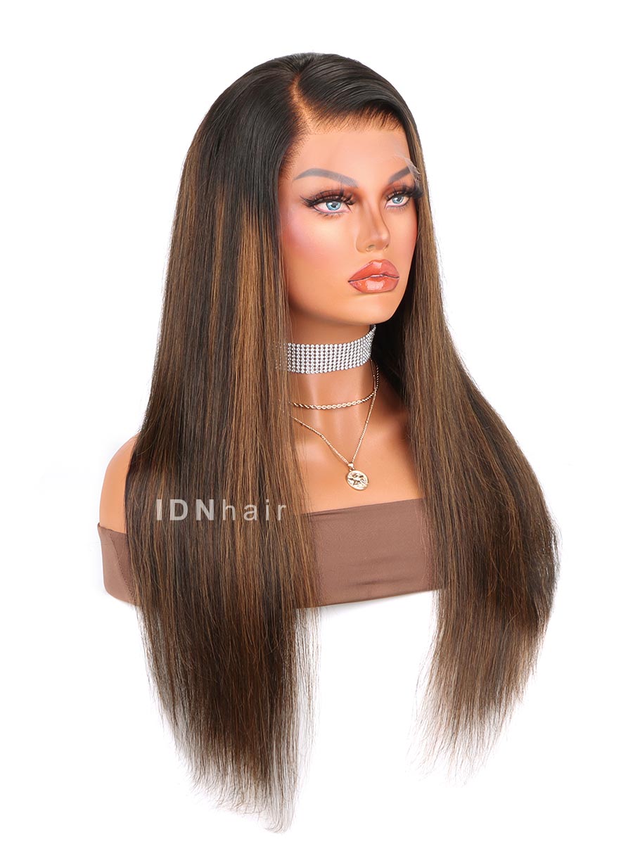 Quinn Highlights Brown Long Straight Hair Scalp Knots HD Lace