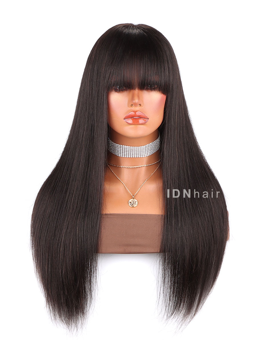 Vicini Natural Straight Lace Wig With Bangs Glueless Human Hair Wigs