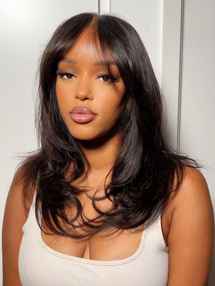 Jesse Layered Straight Curtain Bang Super Fine HD Glueless Lace Wig Scalp Knots