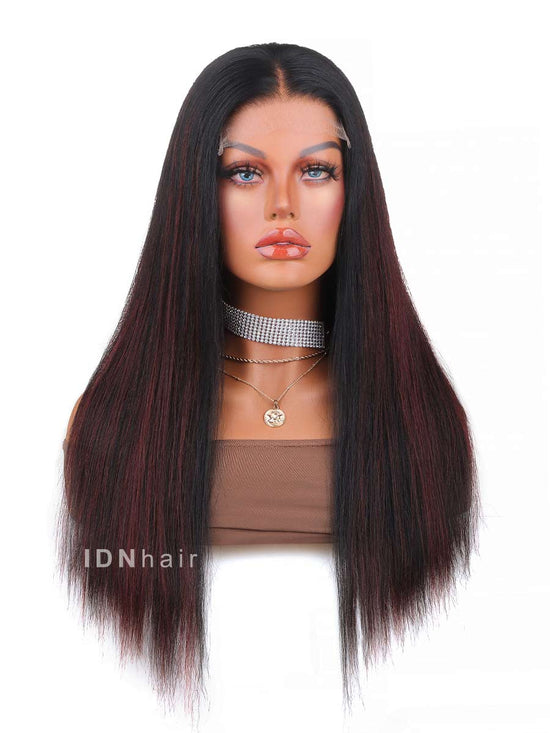 Load image into Gallery viewer, Candice Highlight Red 99j Yaki Straight Glueless Human Hair Lace Front Wig
