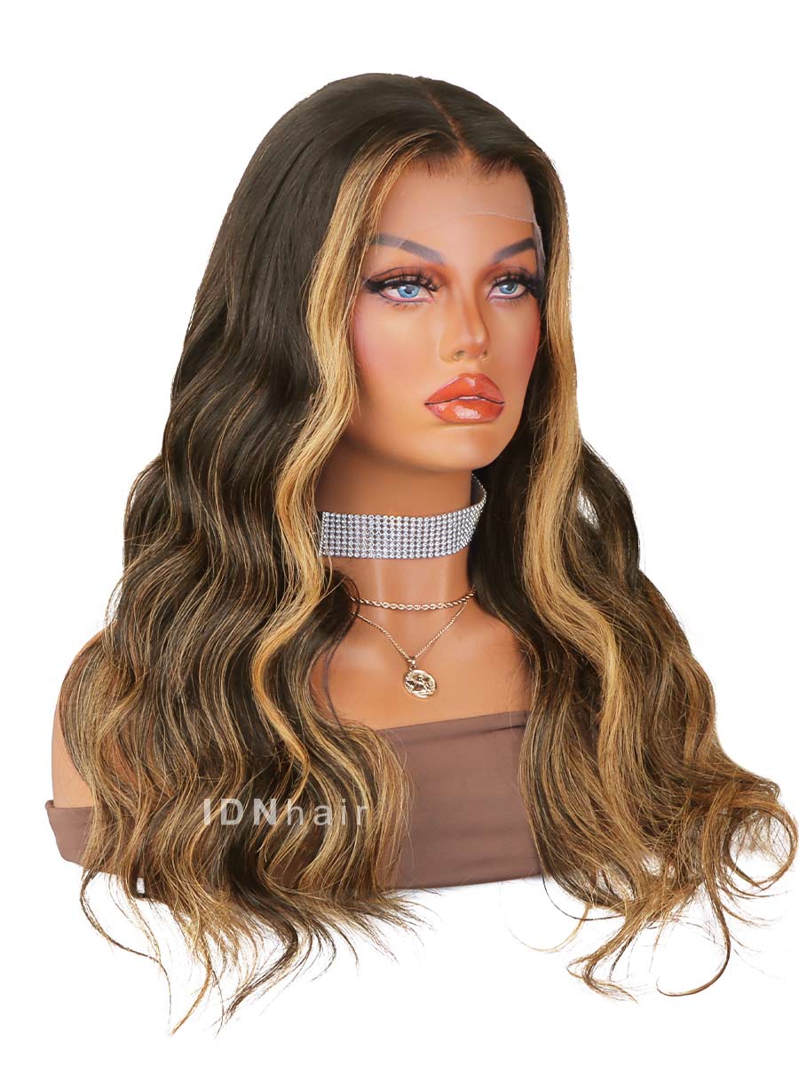 Lexi Ombre Highlight Dark Brown Wavy HD Front Lace Wig 100% Human Rich Girl Hair