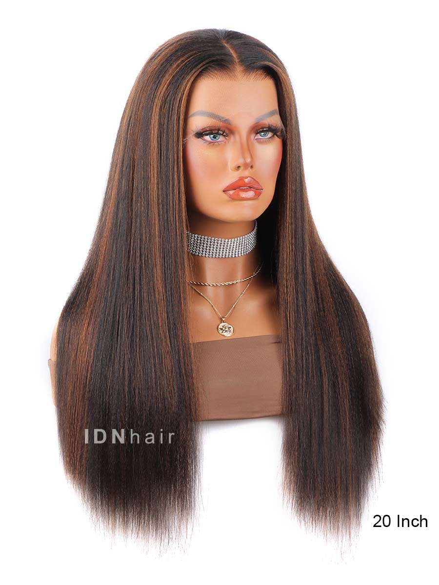 Load image into Gallery viewer, Pray Highlight Brown Yaki Straight Glueless Human Hair Lace Front Wig
