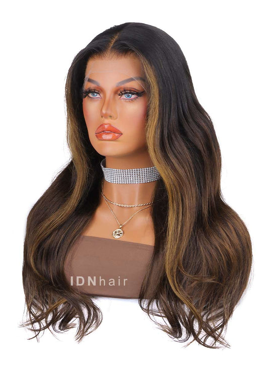 Load image into Gallery viewer, Jasmin Ombre Dark Brown Wavy HD Front Lace Wig 100% Human Rich Girl Hair
