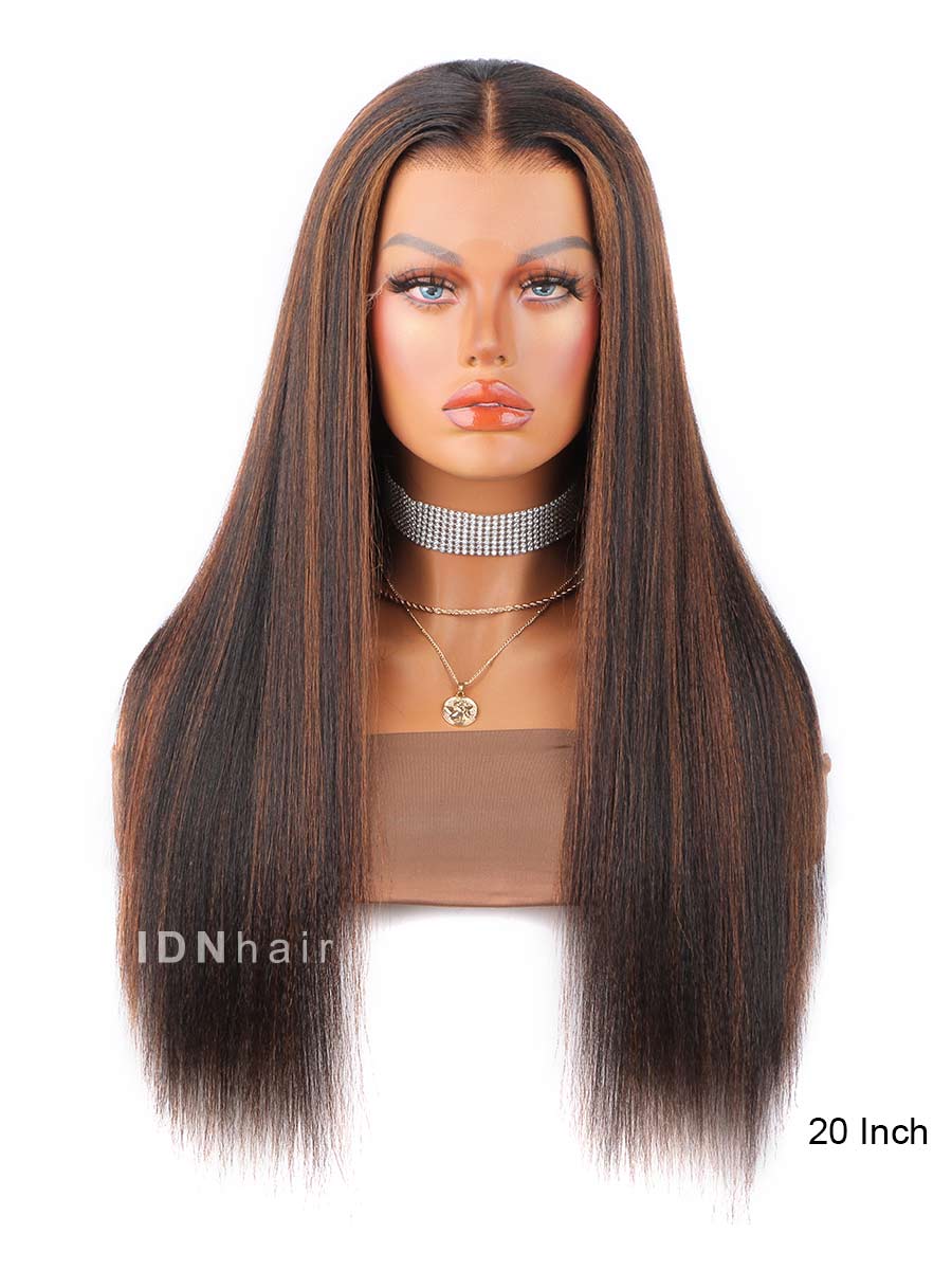 Pray Highlight Brown Yaki Straight Glueless Human Hair Lace Front Wig