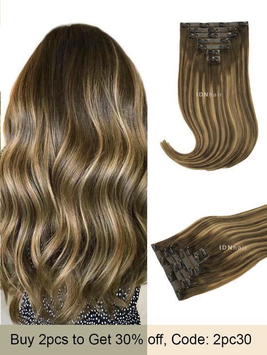 Maxine Super Flat Balayage Seamless Clip ins Straigth Highlights Color Human Hair Extensions