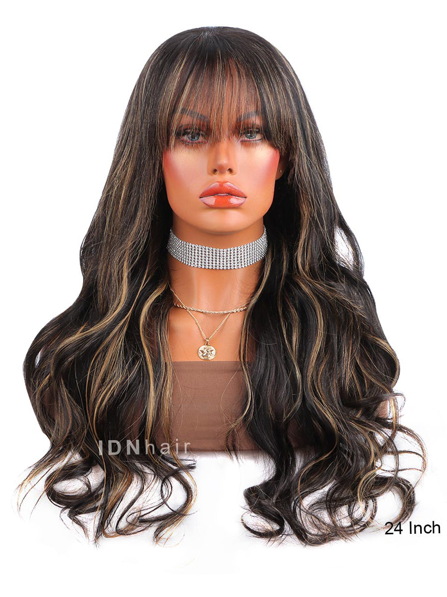 Fred Highlight Wavy HD Lace Wig With Bangs Scalp Knots Human Hair