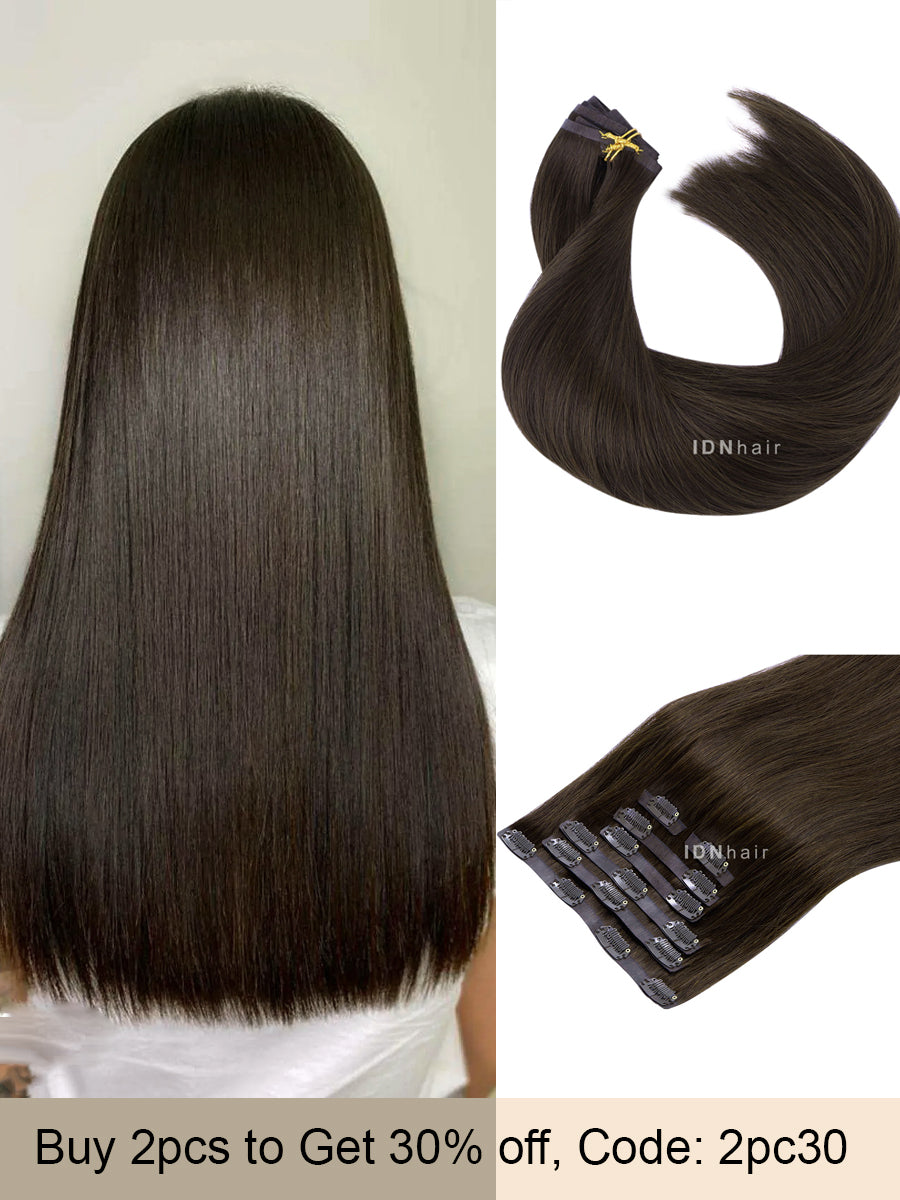 Load image into Gallery viewer, Leanna #2 Dark Brown Seamless Paper Thin Clip ins Human Hair Extensions For Black Women
