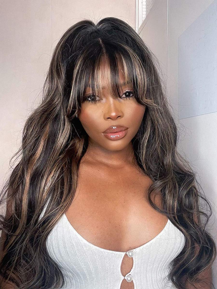 Fred Highlight Wavy HD Lace Wig With Bangs Scalp Knots Human  display picture 3