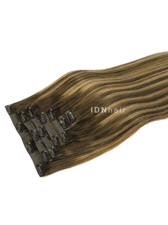 Maxine Super Flat Balayage Seamless Clip ins Straigth Highlights Color Human Hair Extensions
