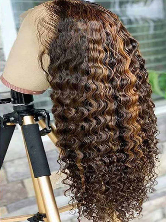 Chrissie Deep Wave Honey Brown Highlight Mix Colors Water Curly HD Lace Wig