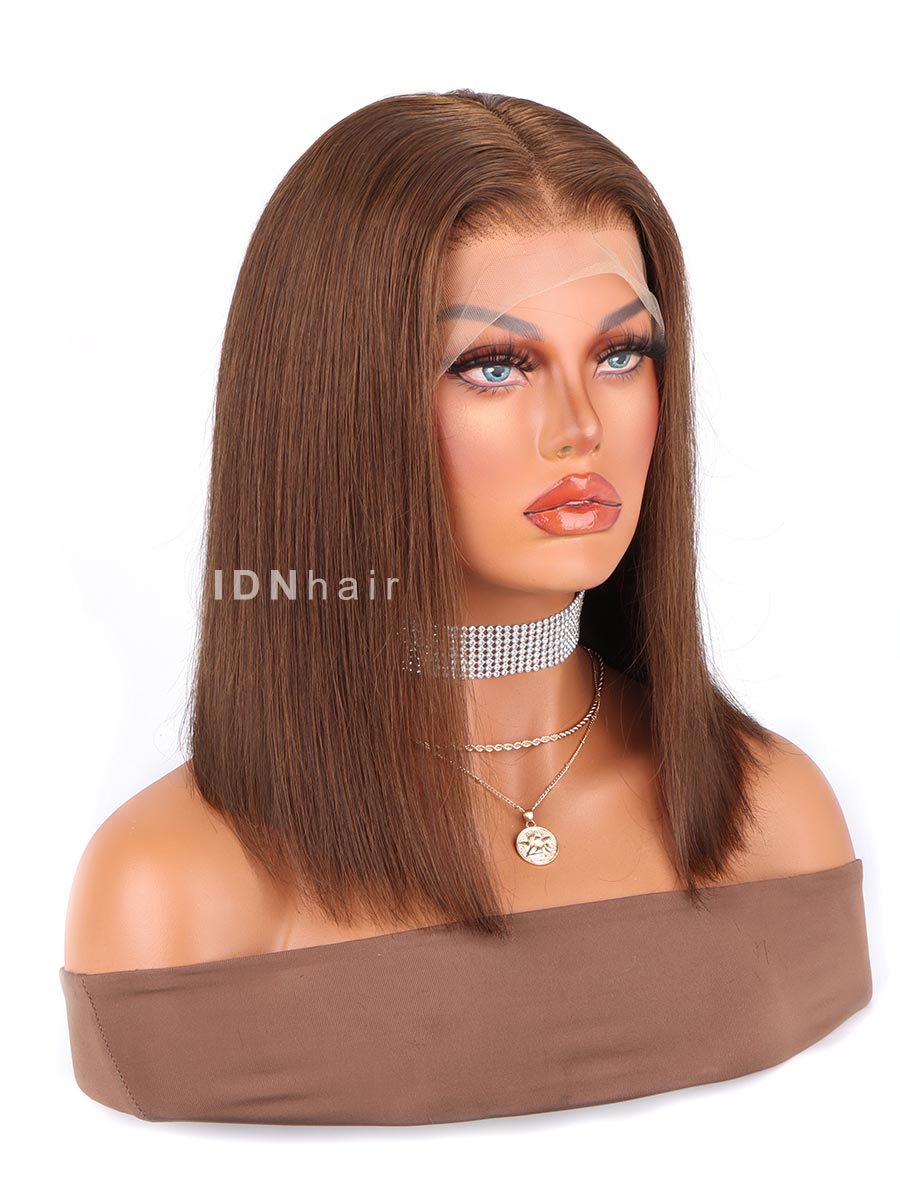 Sale No.49 Chocolate Brown Soft Straight Glueless Bob Lace Frontal Wig