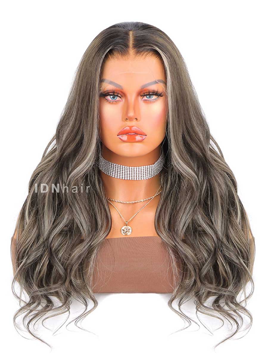 Jada HD Lace Wavy Brown Human Hair Wig With Grey Highlights