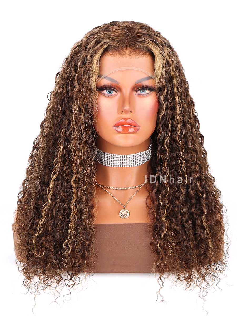Keeny Glueless Brown Highlight Deep Curly 13x4 Clear Lace Wig