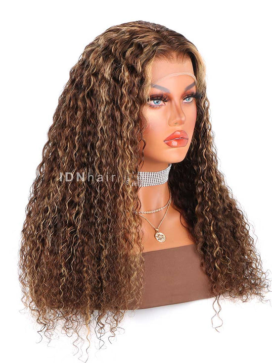Keeny Glueless Brown Highlight Deep Curly 13x4 Clear Lace Wig