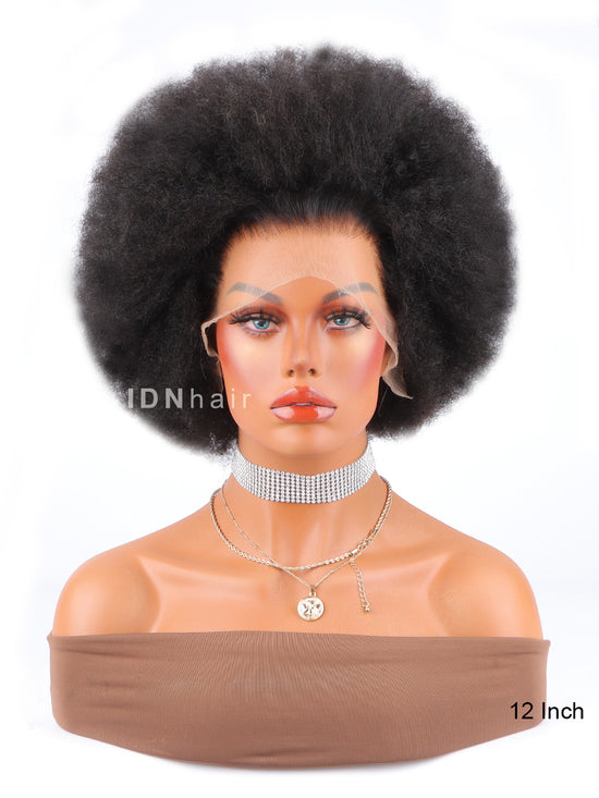 Queenie Afro Puff Curl Bob Realistic Natural Hair Style Glueless HD Lace Wig Virgin Hair