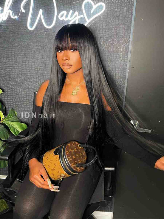Load image into Gallery viewer, Vicini Natural Straight Lace Wig With Bangs Glueless Human Hair Wigs
