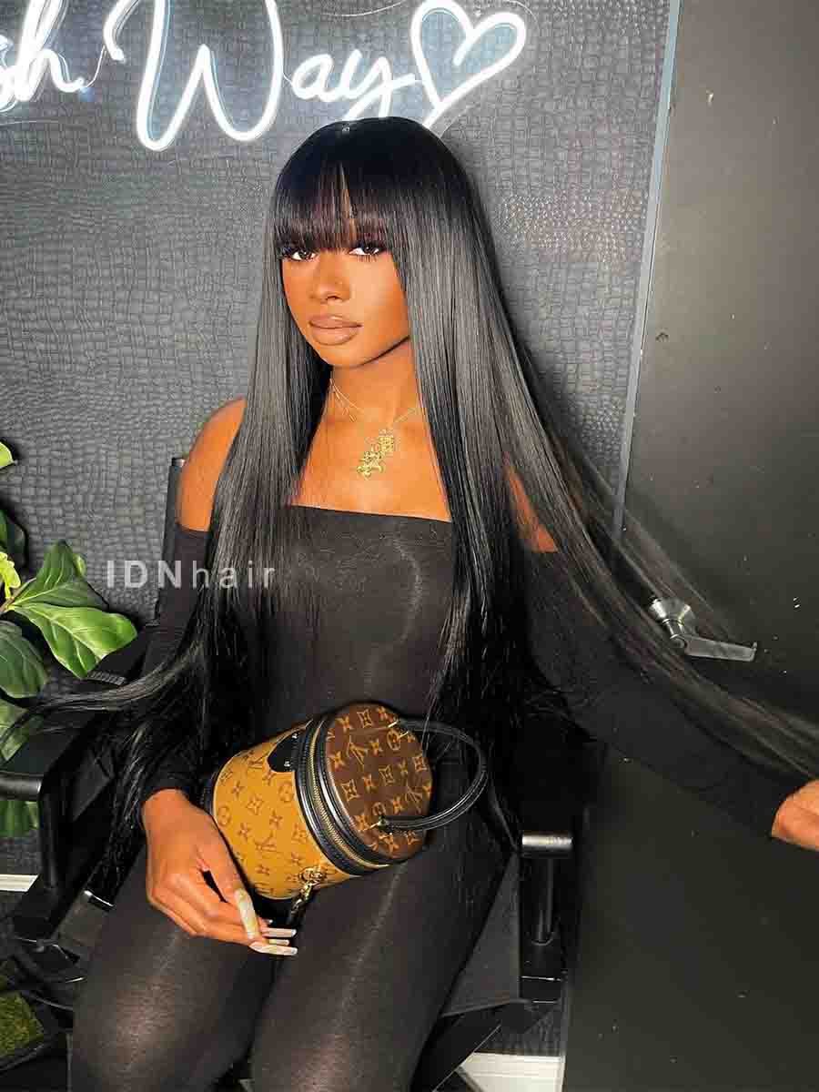 Sale Natural Straight Lace Wig With Bangs Glueless Human